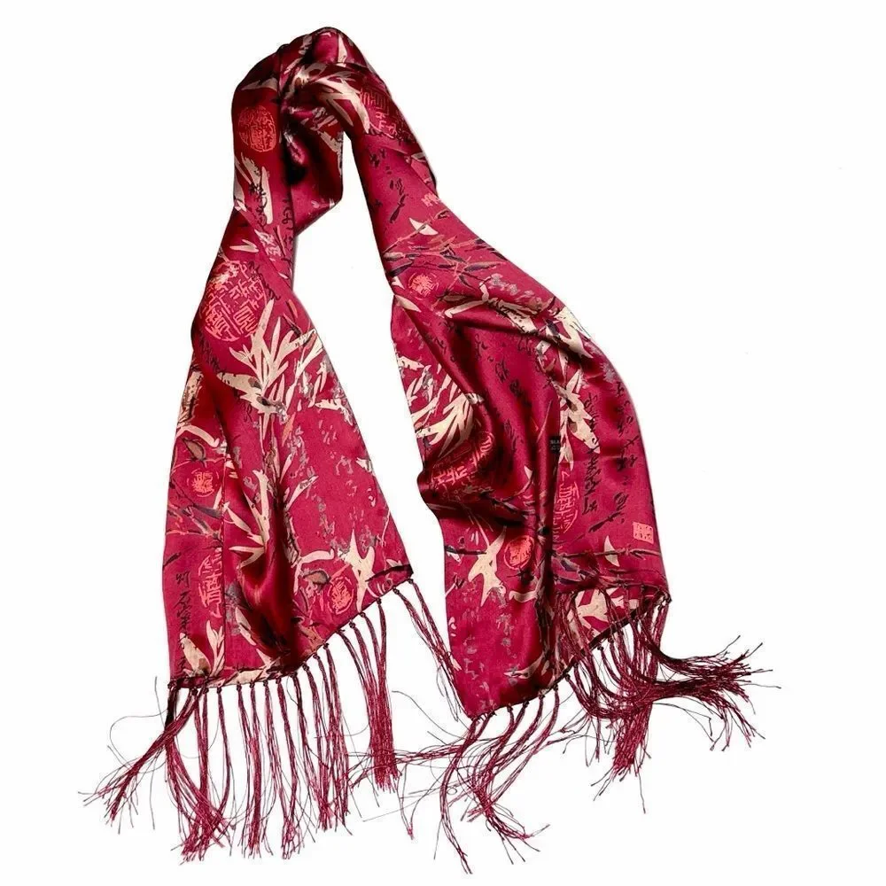 Men's Fuchsia Doubled Silk Scarf Hieroglyphs and Floral Bamboo Design Fringed